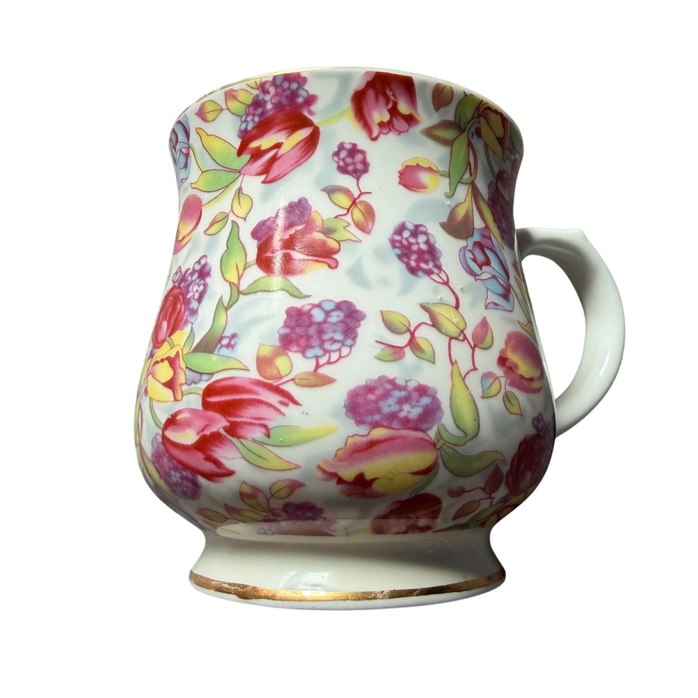 Nantucket Home Floral Ceramic Pitcher Gold Trim Tulips Roses Berries Vase VTG